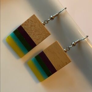 Boho unique chunky neutral wood and resin dangle earrings